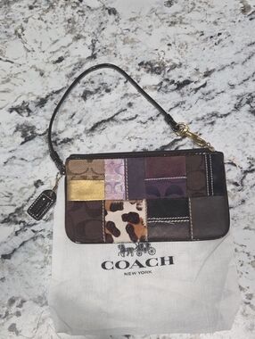 Coach Patchwork Signature Leather Wristlet in Brown, Gold & Purple